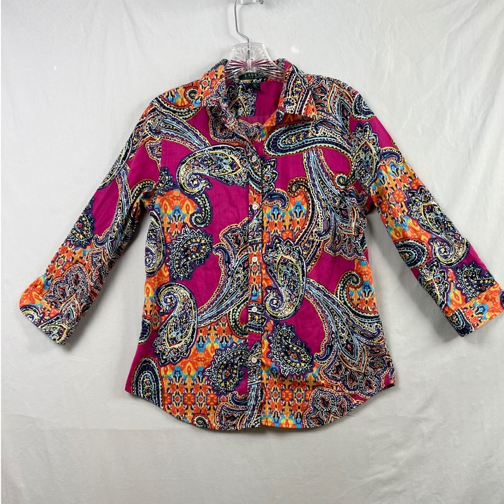 LRL Ralph Lauren Button Down Blouse Women M Pink Paisley Long Sleeve Shirt